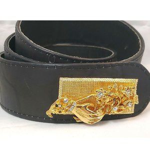 Vintage 1.75Wide Genuine Leather Black Belt Sz 28 Gold Tone & Rhinestones Buckle